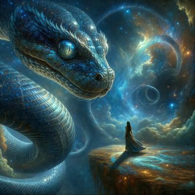 Primary subject: A woman sitting on a cliff with a snake.

Setting/background: The woman is sitting on a cliff with a snake in the foreground. The background features a blue sky and a few stars.

Visual style: The image is a digital art piece.

Colors and mood: The image has a blue and purple color scheme, creating a serene and peaceful atmosphere.